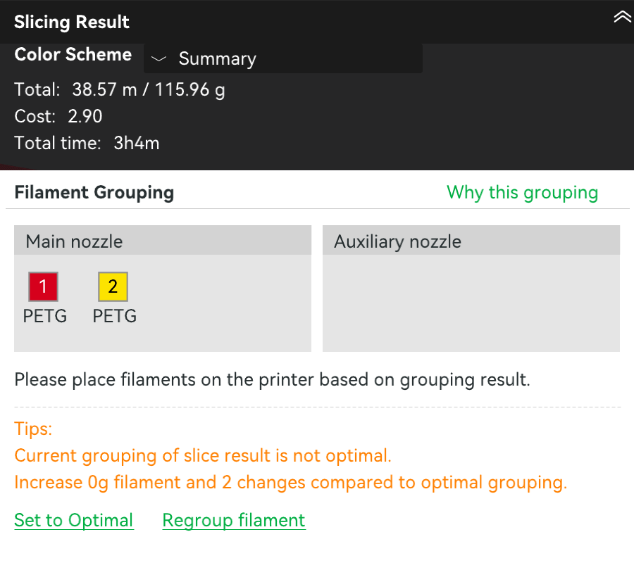 Filament grouping dialog — both filaments on Main Extruder, Auxiliary Extruder empty
