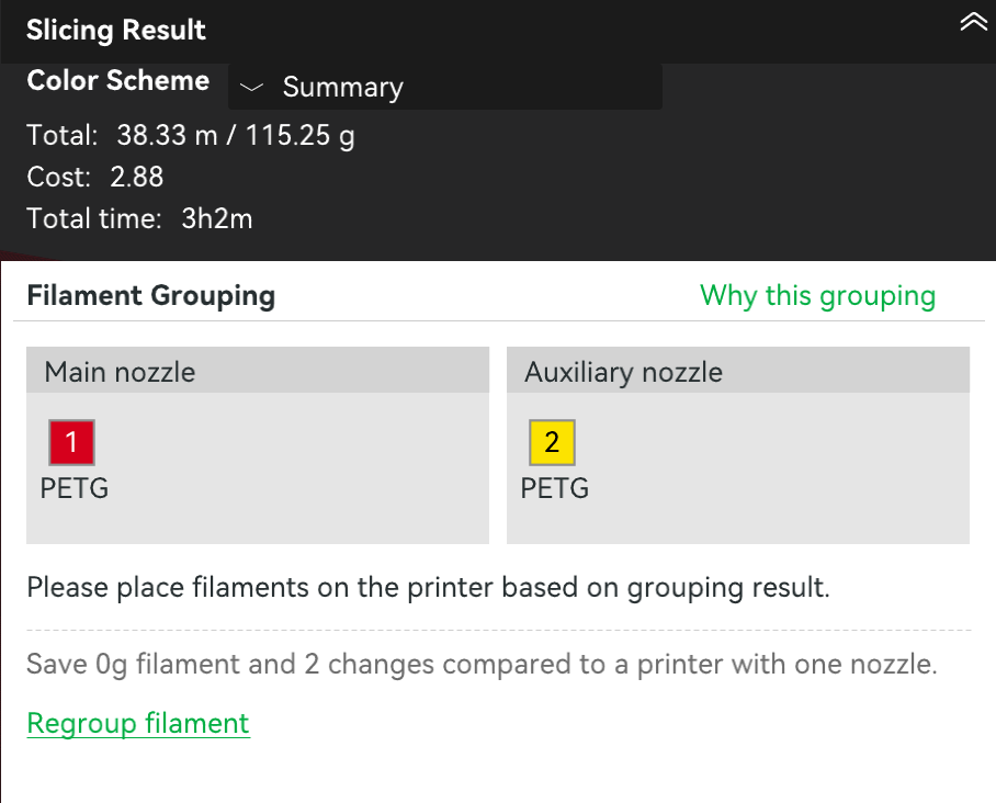 Filament grouping dialog with Custom selected — body filament on Main, text filament on Auxiliary